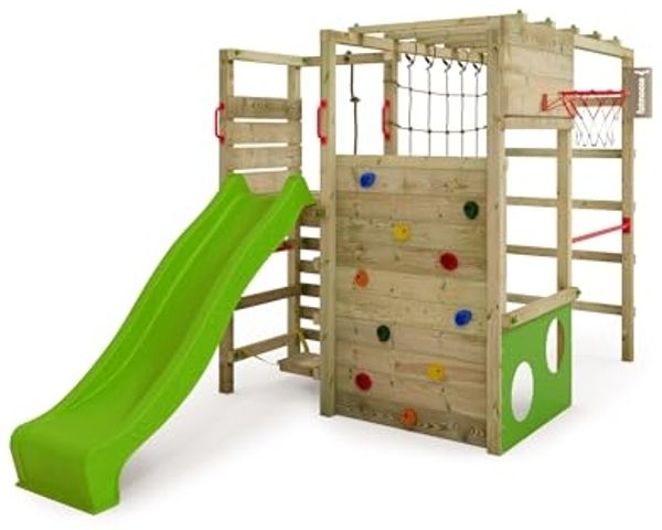 FATMOOSE Klettergerüst Spielturm ActionArena mit apfelgrüner Rutsche, Gartenspielgerät mit Leiter & Spiel-Zubehör