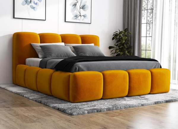 Polsterbett DONA 160x200 mit Matratze, Bettkasten und Lattenrost. Farbe: Senf 8
