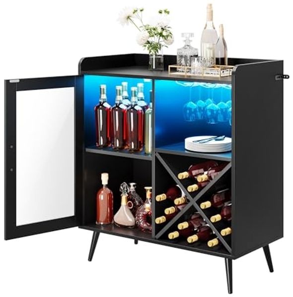 YITAHOME Kleiner Barschrank mit LED-Lichtern, Acryltür & Weinregal, Kaffeebar mit Getränkehaltern, Sideboard für Hausbar, Esszimmer, Wohnzimmer oder Küche, Schwarz