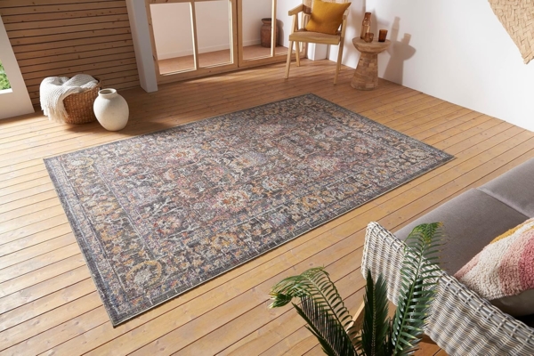 Nouristan Port Said In- & Outdoor Teppich Orientalisch – Flachgewebe Orient Muster Vintage Used Look Waschbar Wetterfest & UV-beständig für Balkon, Terrasse, Garten, Wohnzimmer – Creme Blau, 75x120 cm Bild 1