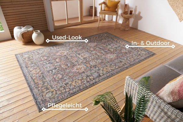 Nouristan Port Said In- & Outdoor Teppich Orientalisch – Flachgewebe Orient Muster Vintage Used Look Waschbar Wetterfest & UV-beständig für Balkon, Terrasse, Garten, Wohnzimmer – Creme Blau, 75x120 cm Bild 3