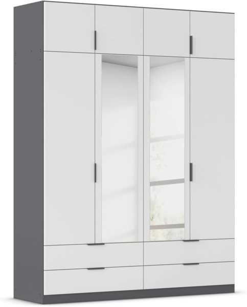 Rauch Möbel Lagoa, Kleiderschrank, Garderobe für Schlafzimmer, Kinderzimmer, Jugendzimmer 8-türig, mit Spiegel, 4 Schubladen, mit Zubehör Classic, Farbe Weiß /Grau metallic, Schwarz, Breite 181