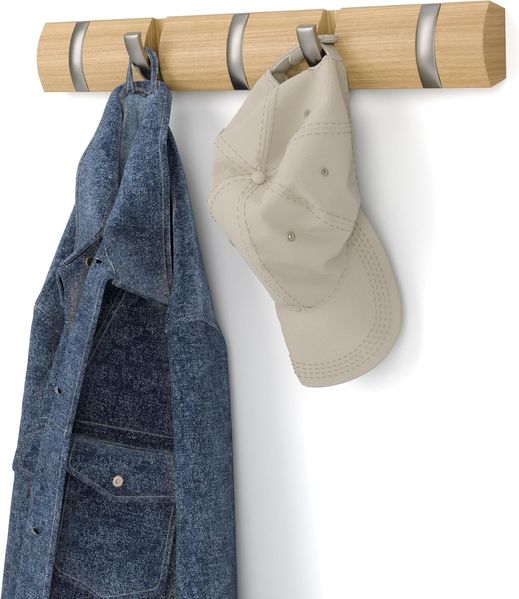 Umbra Flip 5 Garderobenhaken – Moderne, Schlichte und Platzsparende Garderobenleiste mit 5 Beweglichen Haken für Jacken, Mäntel, Schals, Handtaschen und Mehr, Natur