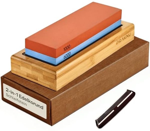 Praknu Schleifstein Schleifstein Messer 1000/6000 - Wetzstein für Messer mit rutschfestem, Anfänger geeignet mit Bambushalter, Schleifhilfe und Silikonunterlage
