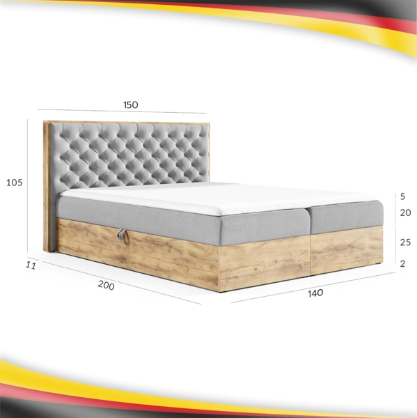 Boxspringbett Doppelbett LOFT 3 - Das perfekte Bett für Ihr Schlafzimmer. 140x200 cm Bett mit Bonellmatratze, mit Bettkasten für Bettwäsche und Topper. Bett mit Kopfteil. (LOFT 3 GRÜN, 140x200) Bild 2