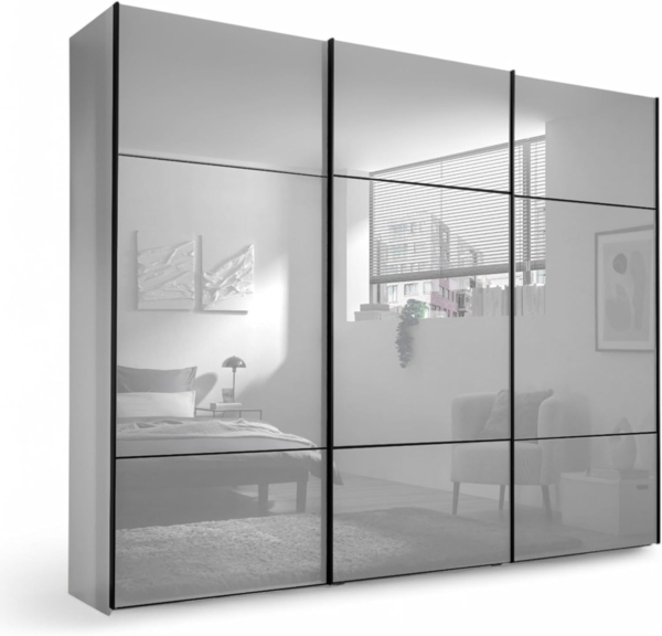 Minda Kleiderschrank mit Glastüren in Weiß - Vielseitiger Schwebetürenschrank 3-türig mit viel Stauraum - 270 x 225 x 62 cm (B/H/T)