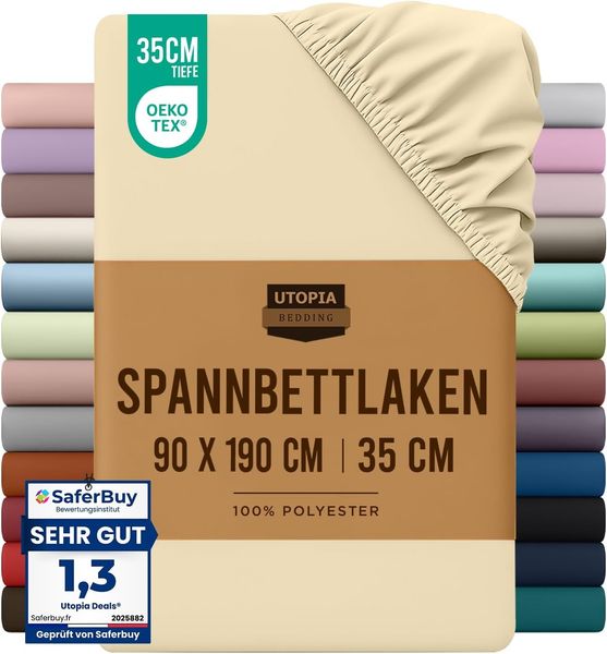 Utopia Bedding - Spannbettlaken 90x190 cm - Beige - Oeko-Tex Zertifiziertes Gebürstete Polyester-Mikrofaser Spannbetttuch - 35 cm Tiefe Tasche