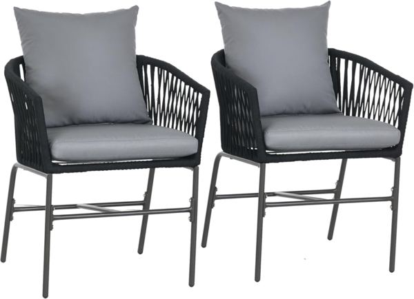Outsunny Sitzgruppe 2er-Set Gartenstühle mit Kissen Gartensessel Set im Boho-Stil, (Gartenstuhl, 2-tlg, Gartenmöbel), Metallrahmen, 57 x 60 x 71 cm, Schwarz