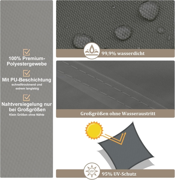 UMI Sonnensegel Wasserdicht 4x4 m Rechteckig Sonnenschutz Wetterschutz PES Polyester Segel Baldachin 95% UV Schutz mit Seilen für Garten Balkon Terrasse- Anthrazit Bild 4