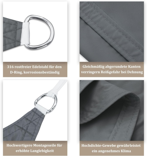 UMI Sonnensegel Wasserdicht 4x4 m Rechteckig Sonnenschutz Wetterschutz PES Polyester Segel Baldachin 95% UV Schutz mit Seilen für Garten Balkon Terrasse- Anthrazit Bild 3