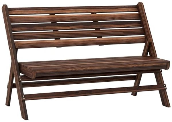 Outsunny Bank Holzbank mit Rückenlehne, Parkbank, bis 250 kg belastbar (2-Sitzer Sitzbank, 1-St, Gartenbank), für Garten, Balkon, Verkohlt, 122 x 63 x 83 cm
