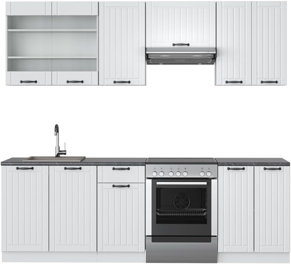 Küchenzeile Fame-Line Weiß Landhaus/Weiß 240 cm ohne Arbeitsplatte Vicco