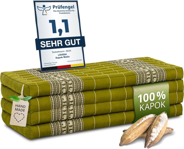 Nachhaltige Klappmatratze aus Kapok, breite Gästematratze vierteilig, Faltbare Matratze, ökologische Yogamatte, klappbares Gästebett, Liege für Garten und Balkon 200 x 110 x 8 cm (Grün/Elefanten)