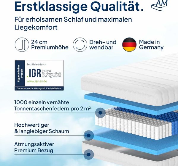 AM Qualitätsmatratzen Deluxe Taschenfederkernmatratze 160x220 cm H5 24cm - Made in Germany & Oeko TEX Siegel - Federkernmatratze 160x220 mit 1000 Federn & Lyocell Bezug - 7 Zonen Matratze 160x220 H5 Bild 3