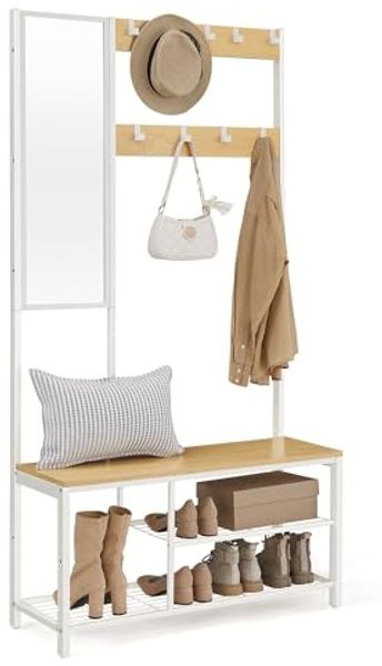 Vasagle Garderobenständer, mit Haken, mit Spiegel, Schuhbank und Ablagen, Holzspanplatte, Stahl, eichenfarben-weiß, 98 x 36 x 185 cm