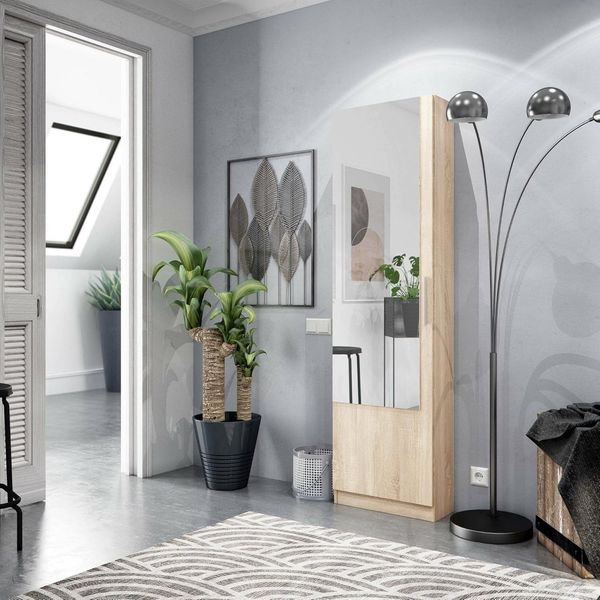 Dmora - Eugene Schuhregal, Hoher Schuhschrank mit 1 Tür, Moderner Schuhschrank, Eingangsgarderobe mit Spiegel, 50x22h180 cm, Eiche