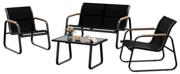 GarveeHome Gartenmöbel Set 4-TLG, Textilene Balkonmöbel Set mit Tisch, Sofa und 2 Stühlen, Stahl, Sitzgruppefür Garten, Balkon, Außen