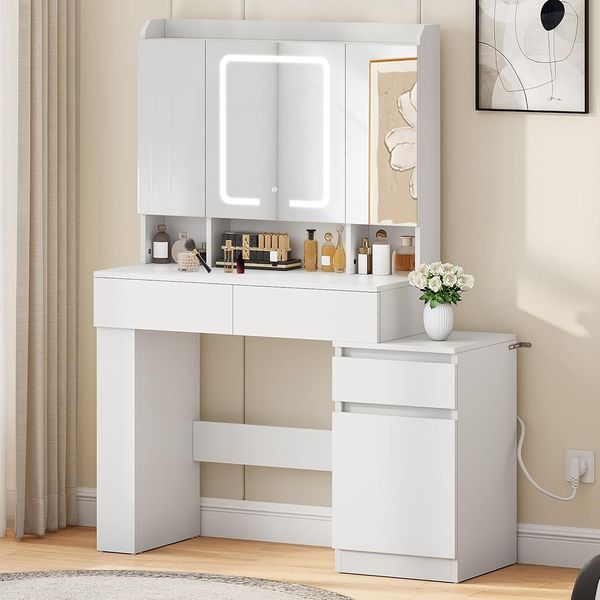 YITAHOME Schminktisch mit Spiegel und LED-Beleuchtung, mit Hocker, Schubladen und USB-Anschluss, verstellbaren Fächern, moderner Frisiertisch für Schlafzimmer und Make-up, Haartrocknerhalter Weiß