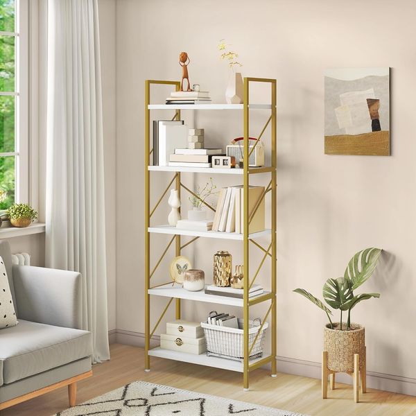 YITAHOME Bücherregal, Standregal mit 5 Ebenen, Hohes Lagerregal mit Metallrahmen, Industrielles Ausstellungsregal, Regaleinheiten, für Wohnzimmer, Schlafzimmer, Homeoffice, Küche, Gold Regal