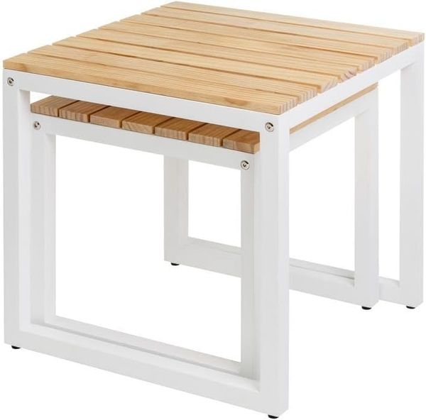 Set mit 2 Beistelltischen aus Holz und Metall in Weiß und Natur