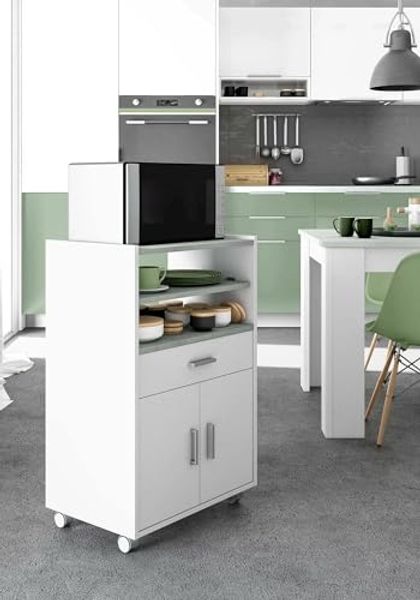 Dmora - Rollwagen Scottsdale, Hilfsmöbel für Küche mit Rädern, Mehrzweckschrank mit 2 Türen und 1 Einlegeboden, cm 59x40h92, Weiß