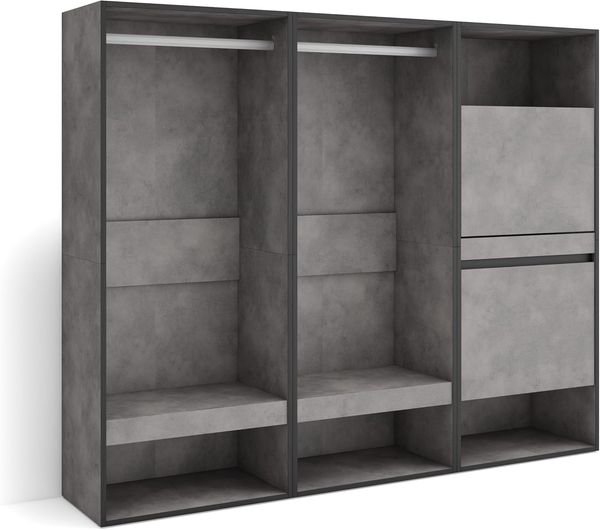 Skraut Home | Offener Kleiderschrank | Kleidung, Schuhe | 180 x 145 x 35 cm | Für Schlafzimmer, Zimmer | Schuhschrank | Moderner Stil | Zement