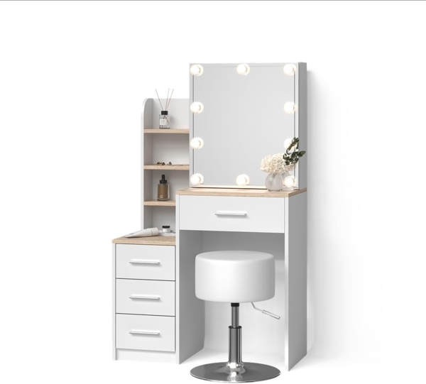 Livinity® Schminktisch Loreta, Weiß/Sonoma/Sonoma, mit LED Beleuchtung und Hocker