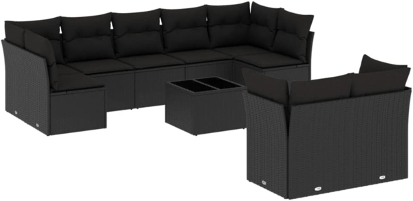 vidaXL 10-tlg. Garten-Sofagarnitur mit Kissen Schwarz Poly Rattan 3218155