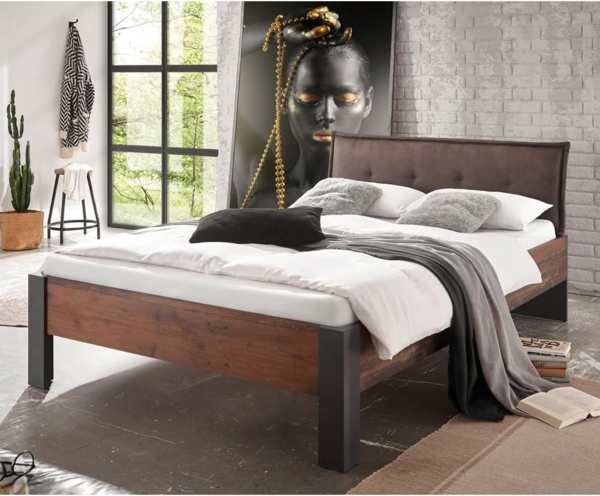 Bett Ward in Used Wood Shabby und Matera grau Kopfteil gepolstert Liegefläche 140 x 200 cm