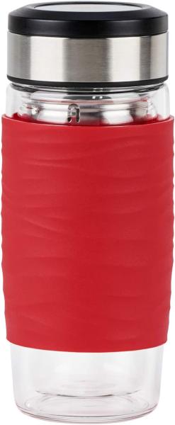 Emsa Teebecher Tea Mug, Teeglas mit Sieb, doppelwandiges Glas, Silikonmanschette, Rot, 400 ml , N2080400