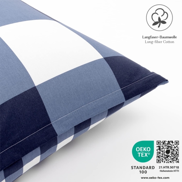 Alreya 2er-Set Renforcé Kissenbezug 80x80 cm - 100% Baumwolle mit YKK Reißverschluss, Superweicher Kopfkissenbezug 80x80, Kissenhülle, Blau Kariert, nur Kissenbezug Bild 2