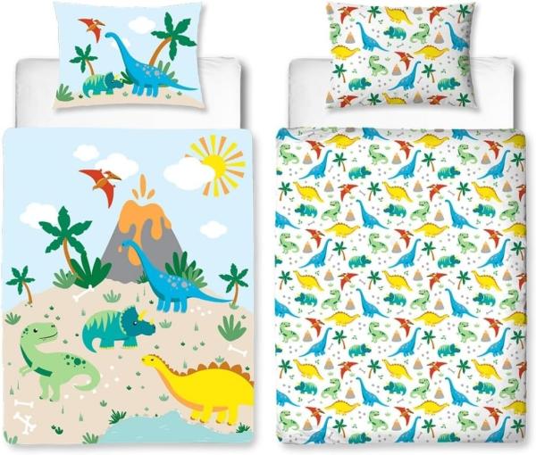 MTOnlinehandel Babybettwäsche Dino 100x135 + 40x60 cm, 100 % Baumwolle Flanell, Biber/Flanell, 2 teilig, Dinosaurier Kinderbettwäsche, fröhliches Kinderzimmer