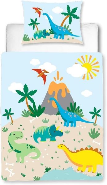 MTOnlinehandel Babybettwäsche Dino 100x135 + 40x60 cm, 100 % Baumwolle Flanell, Biber/Flanell, 2 teilig, Dinosaurier Kinderbettwäsche, fröhliches Kinderzimmer