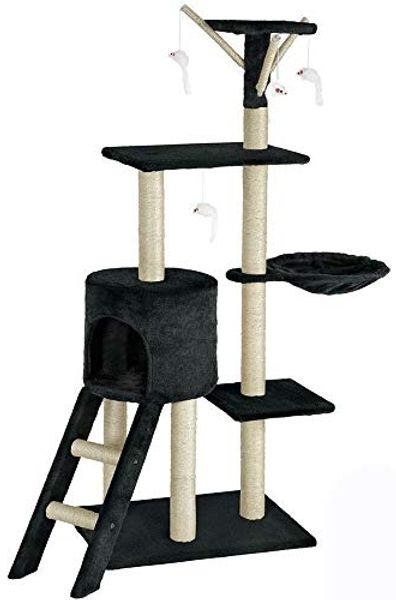 BAKAJI Kratzbaum für Katzen Baum Sisal Parco Spielzeug x Katze Tira Graffi für Katzen Kunstrasen Säule Höhe 144 cm (schwarz)