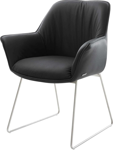 Esszimmerstuhl Keila-Flex mit Armlehnen Echt-Leder Schwarz Kufengestell Edelstahl