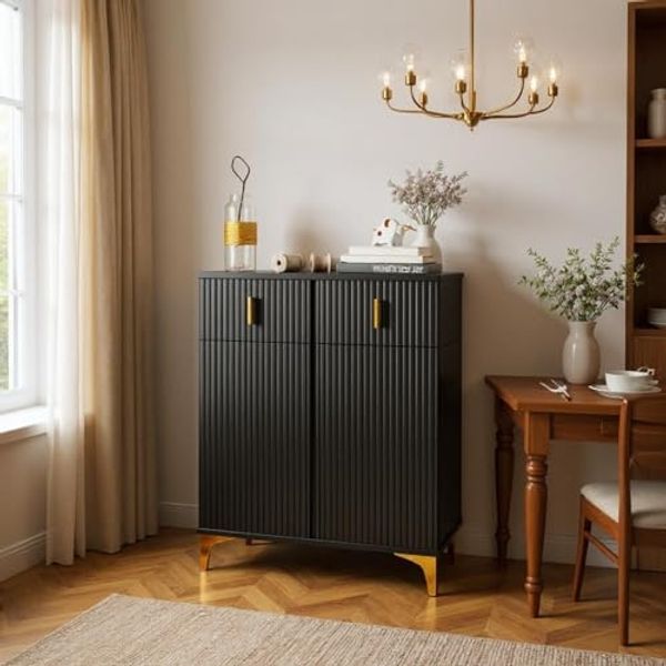 FurnitureR Black Buffet Cabinet, Modern Design, Particle Board Construction, Spacious Storage, Elegant Addition to Dining Room & Kitchen, Durable Materials, Compact Dimensions