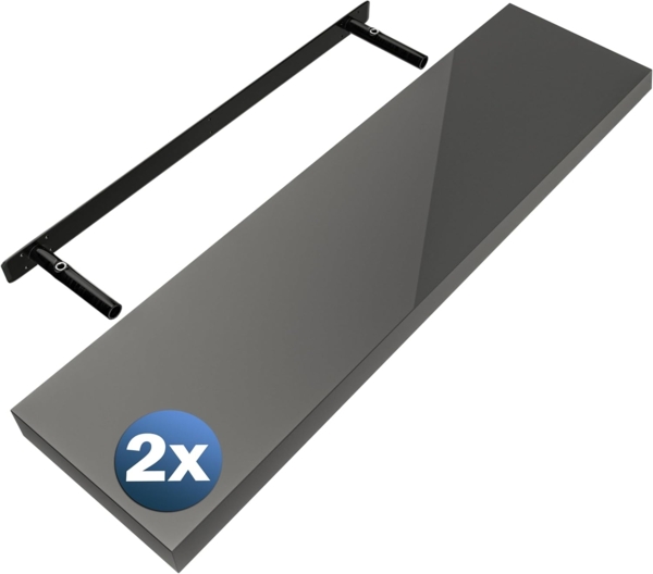 Casaria Wandregal mit Halterung, 2 Stück, MDF, Grau / Hochglanz, 90 x 23 x 3,8cm
