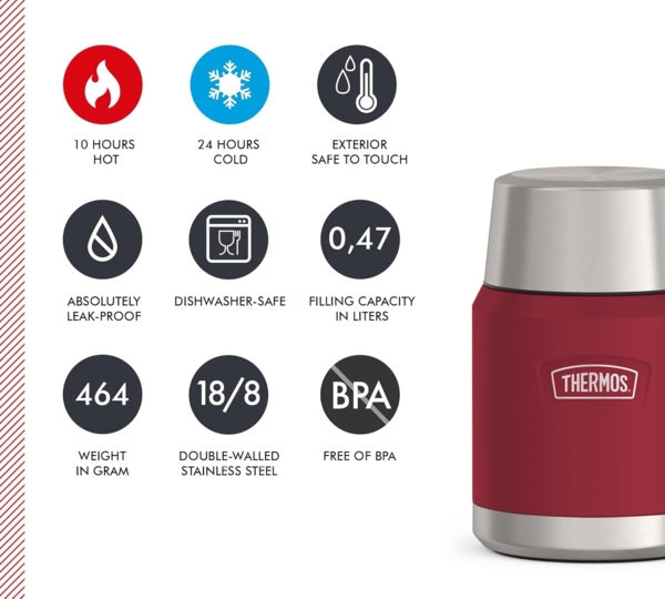 THERMOS Thermobehälter ICON FOOD JAR, Thermobehälter für Essen, spülmaschinenfest, Edelstahl, Kunststoff, Silikon, (1-tlg), 0,47l, 10h heiß & 24h kalt, dicht & auslaufsicher, mit Löffel Bild 6