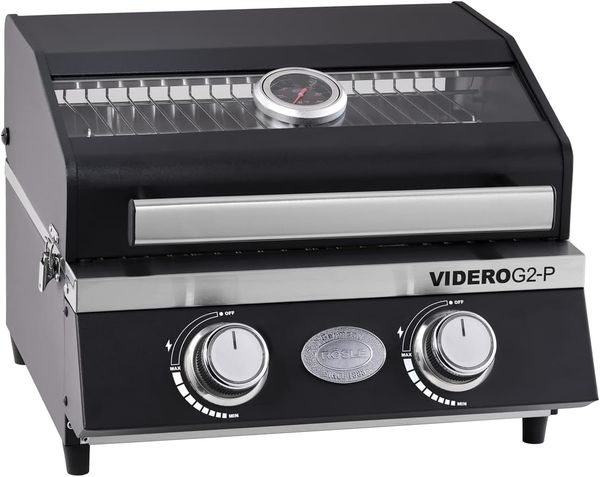 RÖSLE Gasgrill BBQ-Portable VIDERO G2-P, tragbarer Tischgrill mit 2 Edelstahlbrennern, Warmhalterost und Deckel mit Glaseinsatz sowie Deckelthermometer, pulverbeschichteter Stahl, 50 mbar