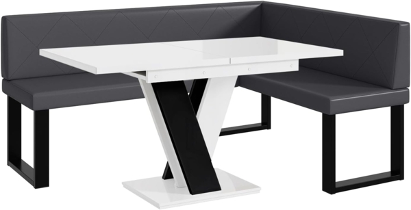 MEBLINI Eckbank für Esszimmer mit ausziehbarem Tisch - Küchenbank - Essecke - Sitzecke Küche - ERIC - U-Beine 128x168x87cm Rechts - Grau Kunstleder/M Weiß-Schwarz Hochgl.