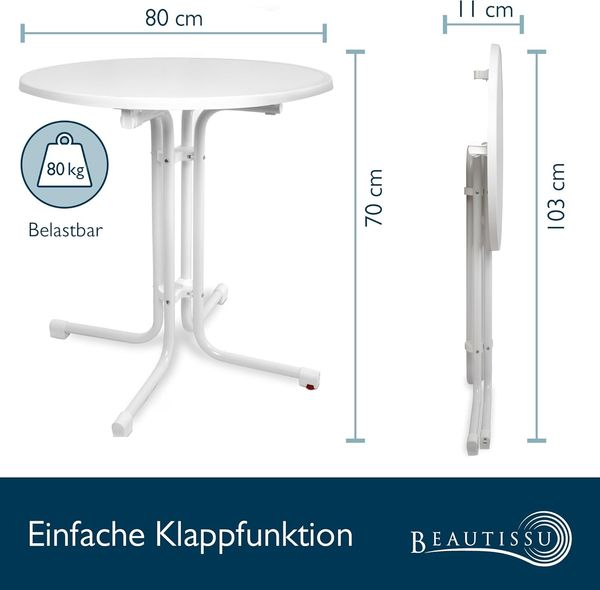 Beautissu Bistrotisch Outdoor Rund Ø 80 cm Wasserfest – Beistelltisch Balkontisch Wetterfest Gartentisch Rund Klappbar 70 cm hoch – Campingtisch Partytisch Esstisch Gastro – Weiß Bistroni Bild 2