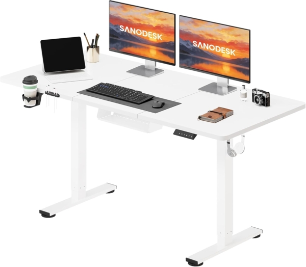 SANODESK Höhenverstellbarer Schreibtisch 140x60 cm Schreibtisch Höhenverstellbar Elektrisch Ergonomischer Steh-Sitz Tisch Computertisch für Heimbüro Homeoffice(weiß)