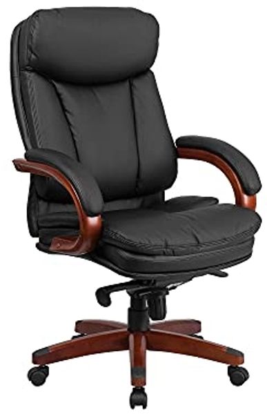 Flash Möbel Hohe Rückseite Leder Executive Drehstuhl mit Synchro-tilt Mechanismus, Mahagoni Holz Boden und Arme, Metall, schwarz, 85.09 X 67.31 X 41.27 cm