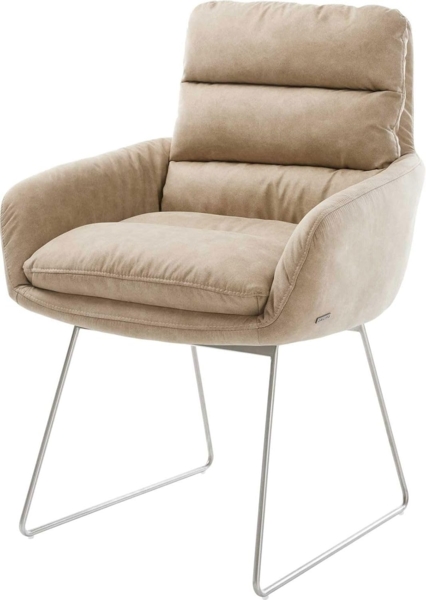 Esszimmerstuhl Abelia-Flex mit Armlehnen Mikrofaser Beige Vintage Kufengestell Edelstahl