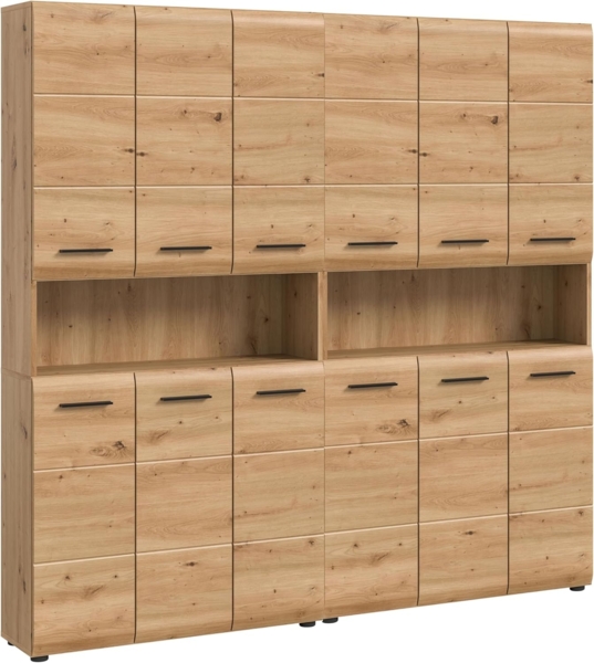 xonox. home – 2 TLG. Badmöbel Kombination Ice 180 x 185 x 30 cm in Korpus und Front Artisan Oak Nachbildung – Platzsparendes Badezimmermöbel-Set in modernem Hochglanz-Look