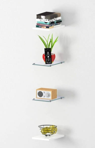 Dmora Set mit 4 Wandregalen, Made in Italy, 2 Regale aus gehärtetem Glas und zwei aus glänzend weißem Laminat, cm 20x27h1,6, Farbe weiß glänzend