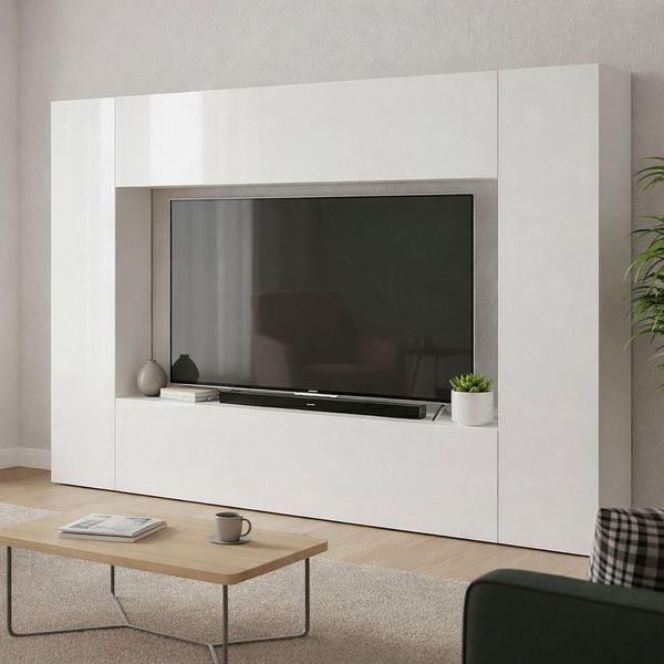 Dmora - Ausgestattete Wand Luigi, 4-türiges TV-Ständer-Wohnzimmerset, Mehrzweck-Wohnzimmermöbel, 100 % Made in Italy, 260 x 30 x 180 cm, glänzendes Weiß,