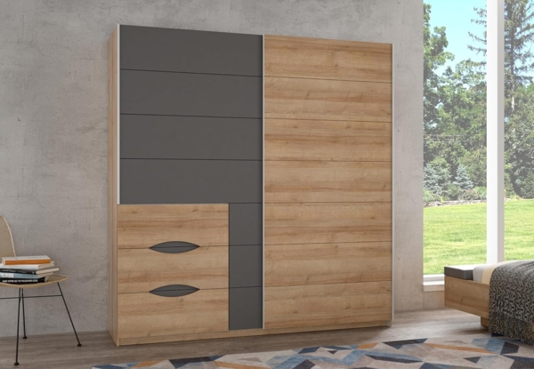 FORTE INVERELL Schrank 200, Kleiderschrank, Schwebetürenschrank Industrial Schlafzimmer 2-türig mit 3 Schubladen, Holzdekor: Riviera Eiche/Uni Wolfram Grau, 200 cm breit x 210 cm hoch x 61 cm tief