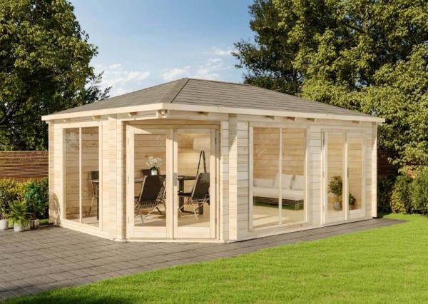 Alpholz 5-Eck Gartenhaus Julia-40 ISO Gartenhaus aus Holz Holzhaus mit 40 mm Wandstärke FSC zertifiziert Blockbohlenhaus mit Montagematerial