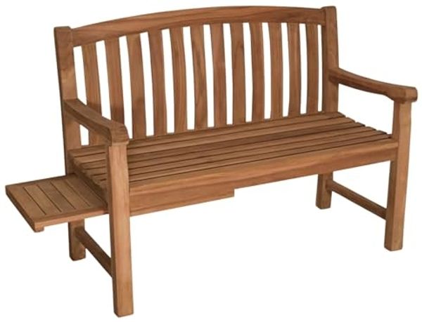 MR. DEKO Gartenbank Lancaster Teak Holz Bank 120cm mit Seitentisch (Auszug), wetterfest (Gartenbank mit integriertem Tisch, 1-St, 1 Gartenbank mit einseitig ausziehbarem Seitentisch), Ergonomische Teakbank mit integriertem Seitentisch